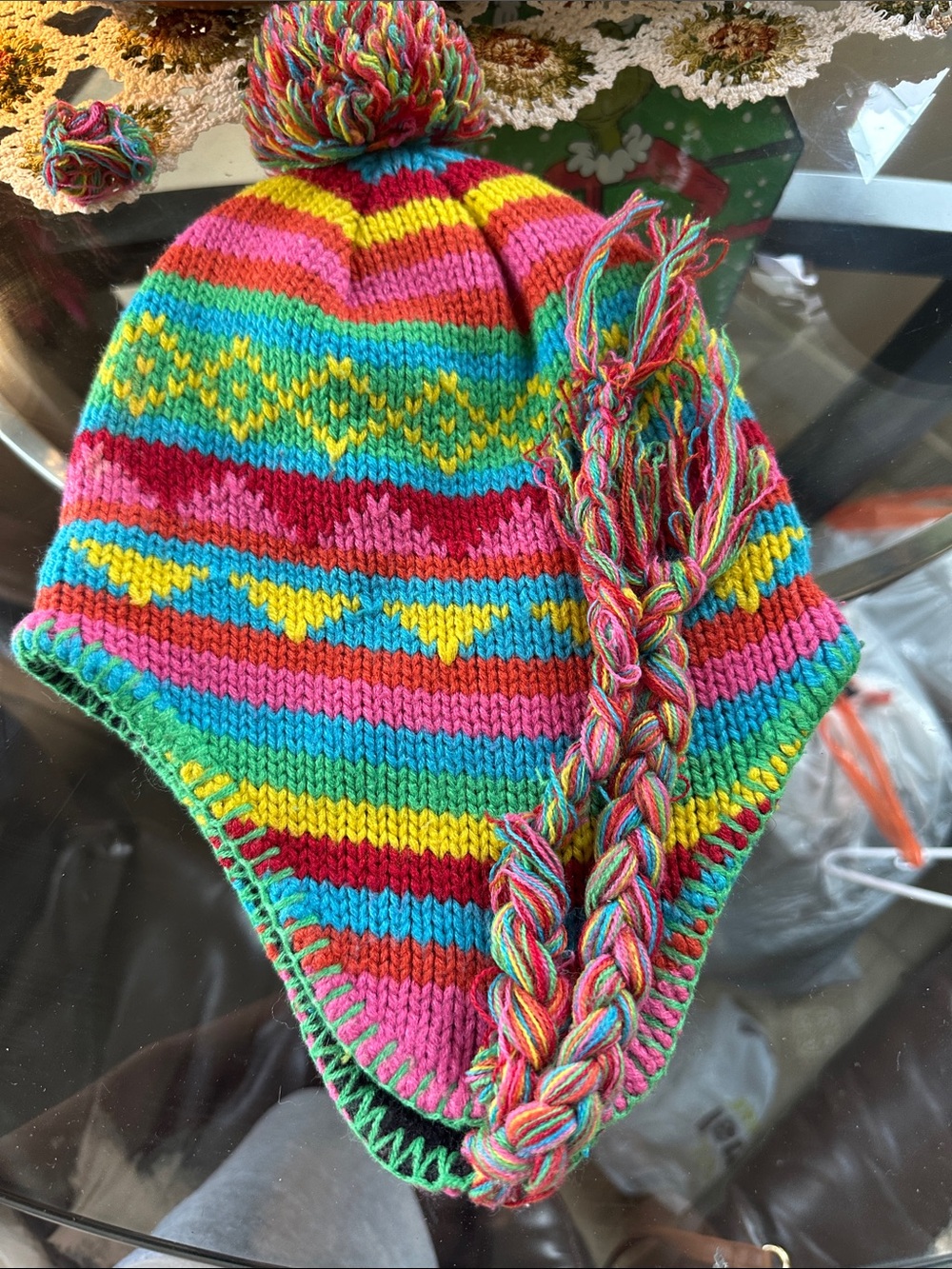 Kids Multicolor Knit Earflap Hat with Pom Pom - Bright Stripes